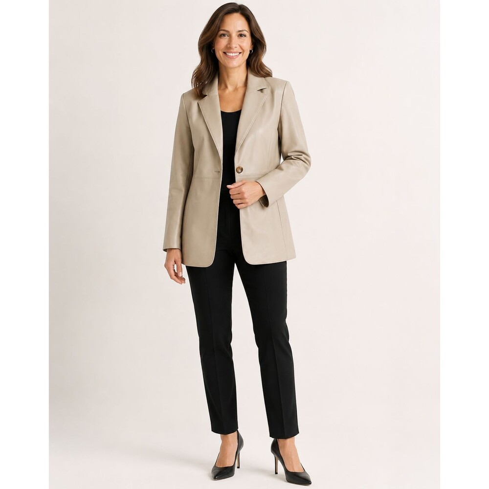 Chico’s Faux Leather Blazer Seam Detail Ivory Wheat Size 1 US 8 NWT